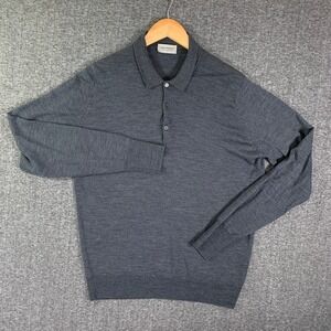 John Smedley Polo Sweater Men Large Gray Merino Wool Made In England Soft Dapper